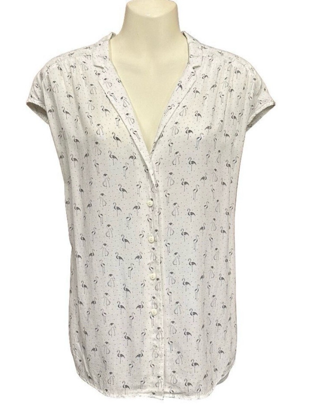 Harris Wilson white flamingo print viscose button down short sleeve blouse Large
